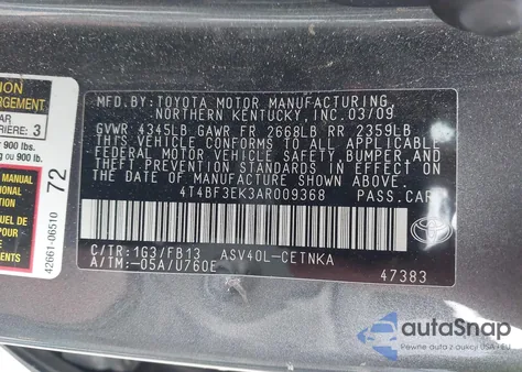 2010 Toyota Camry Le из США, поврежденный, VIN 4T4BF3EK3AR009368